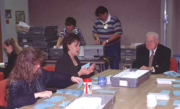 ARRL Headquarters staff members open and sort ballots for machine counting.